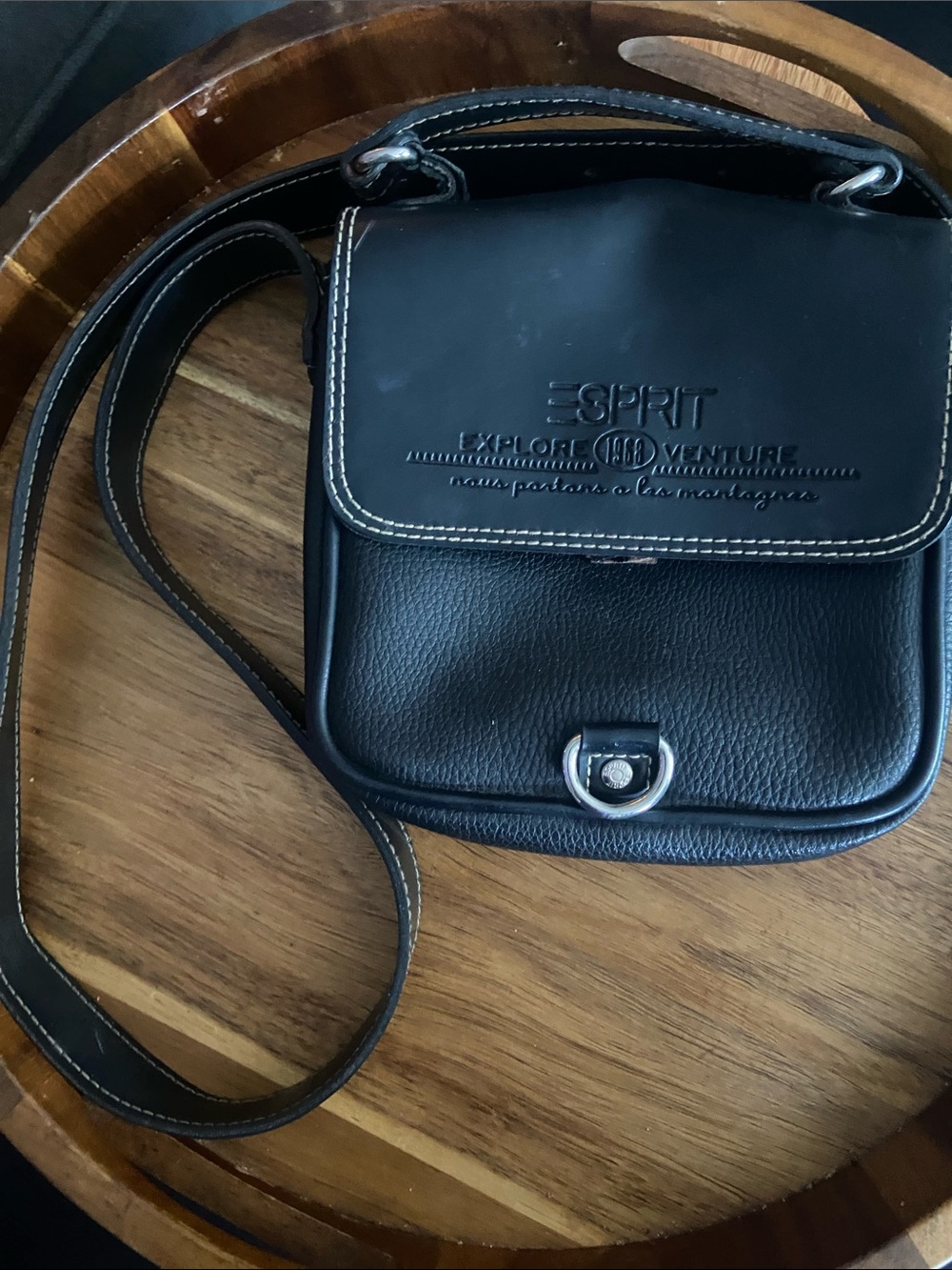 Esprit Black Leather Messenger Crossbody with Contrasting Stitching